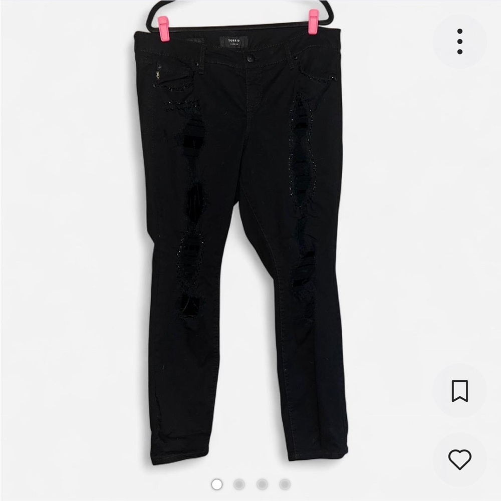 Black Torrid Size 14 skinny jeans with distressed details beading and velvet